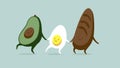 Funny characters egg avocado and bread.ÃÂ Breakfast or brunch sandwich. Best friends set. Funny food. Cute stylish characters Royalty Free Stock Photo